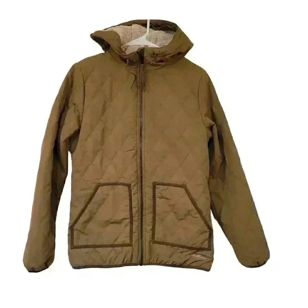 Eddie Bauer Men's Brown Poly Quilted Sherpa Fleece Lined Zip Front Jacket w Hood